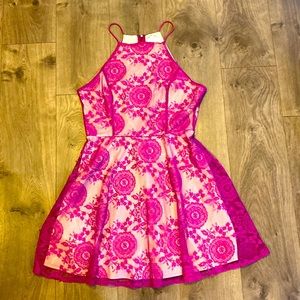 Charlotte Russe cream dress with fushia lace overlay